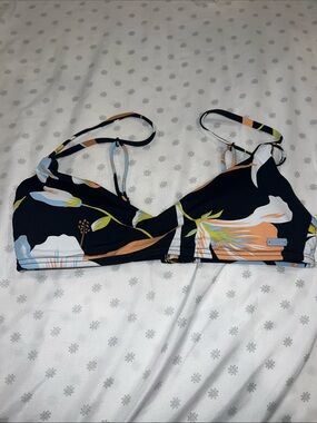Roxy Black Floral Print Bikini Top with Orange and Light Blue Accents